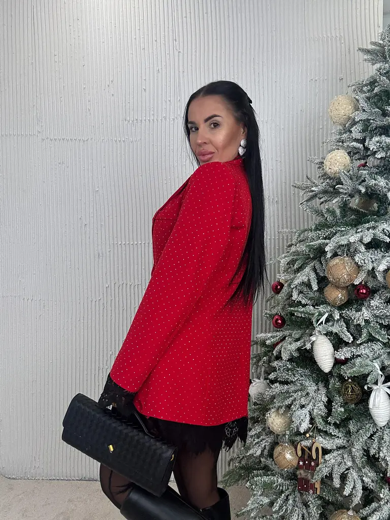 Červené trblietavé sako s čipkou SELINA - next