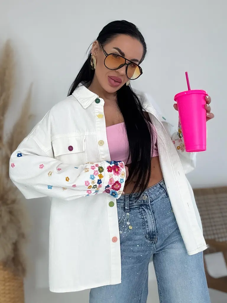 Denimový košeľový kabát s kvetinovou výšivkou RELIA