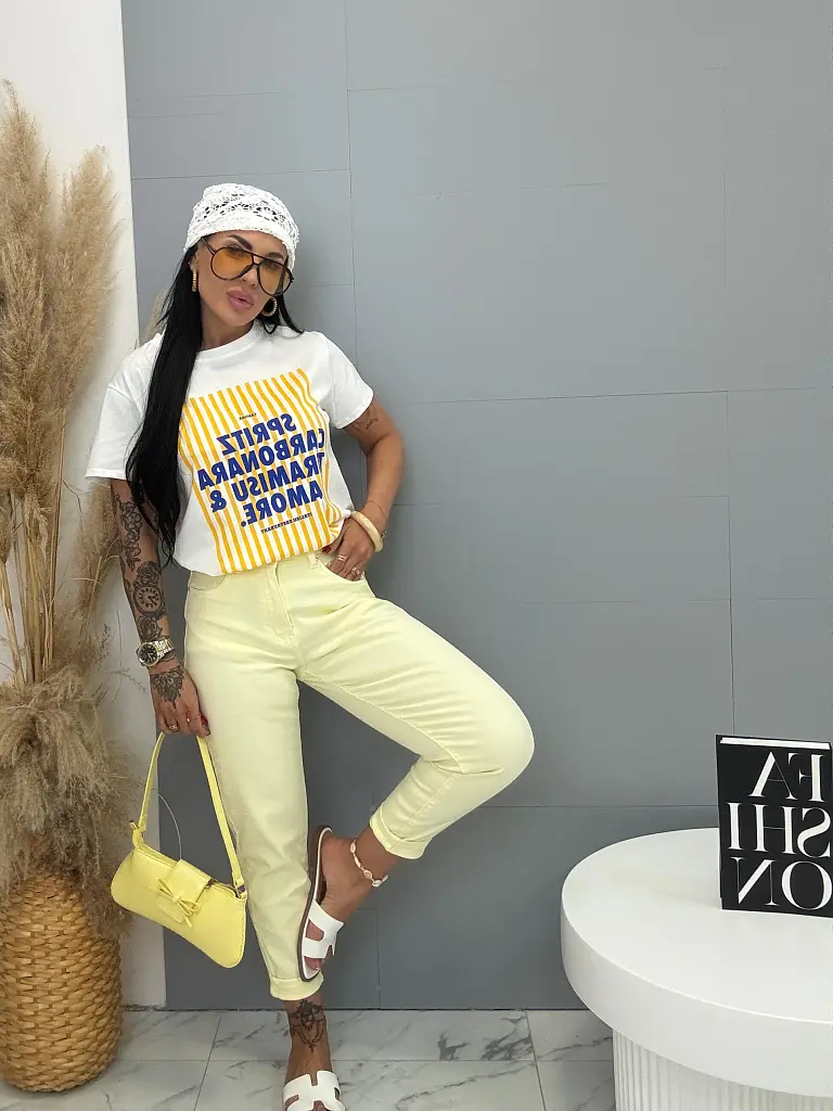 Žlté elastické mom fit rifle s vysokým pásom DAPHNE