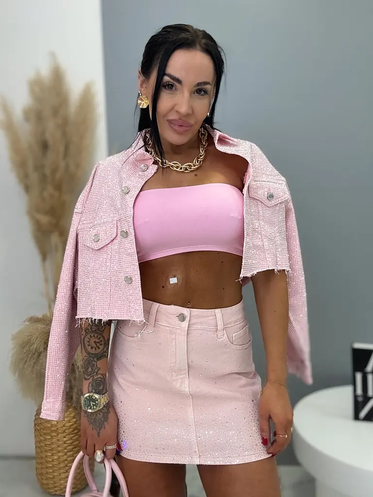 Pink crop denim jacket s kamienkami CRYSTAL - next